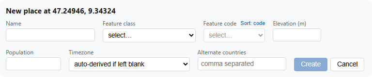 The new-place-name entry form after pressing 'Add place here' and clicking a map location near Säntis