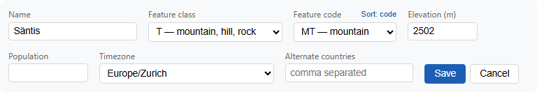Editing the basic information of Säntis - name, feature class and code, elevation, population, timezone