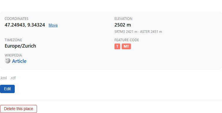 The Feature tab for Säntis, showing coordinates, elevation, timezone, feature code and Move/Edit controls